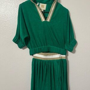 Emily Mccarthy Green Two-Piece Dress with Gold Trim